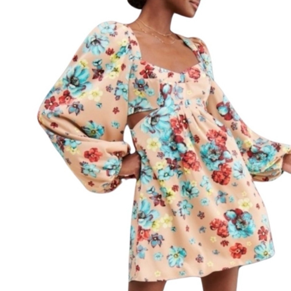 AFRM Anita Floral Cutout Mini Dress in‎ Aqua Bouquet Size XS